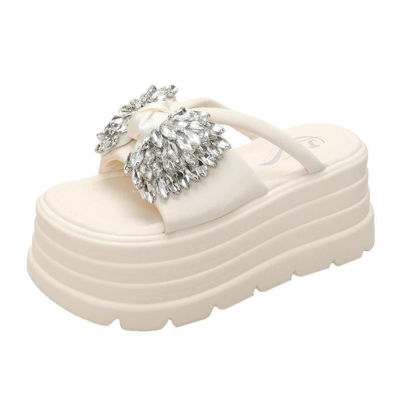 8CM Platform Slippers Sandals Woman Bling Diamond Bowknot Thick Sole Slippers Women Chunky Flip Flops Summer Casual Beach Slides