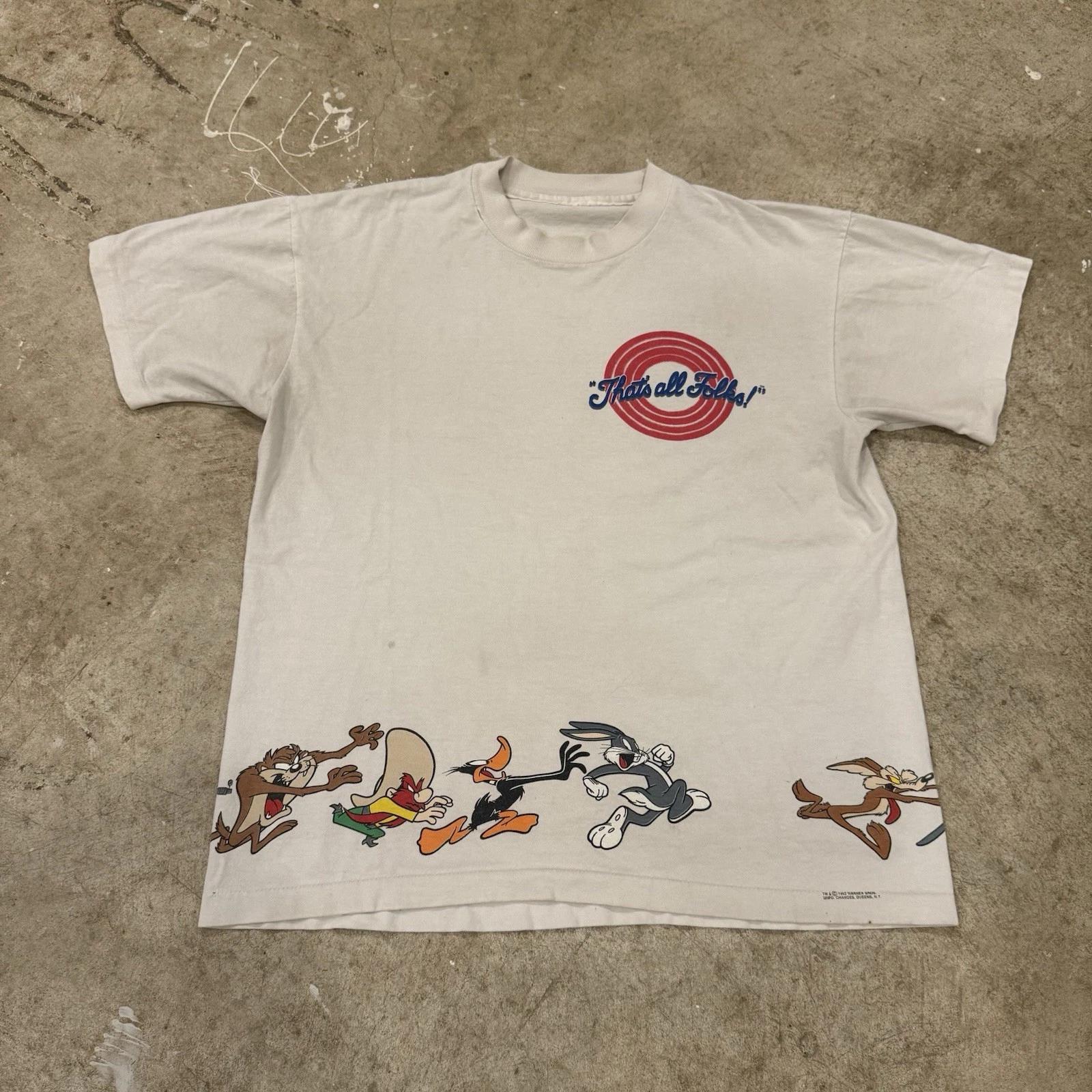 Vintage Looney Tunes T-Shirt Mens L White Thats All Folks Wrap Around Print 1993 XL