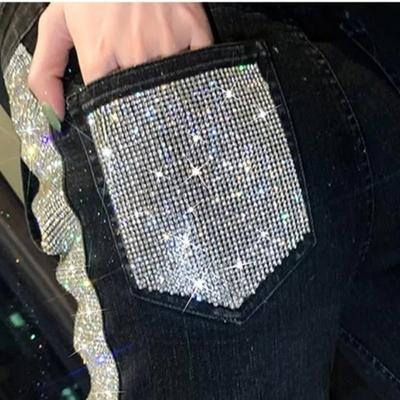 Toppe di Strass di Lusso Applicazione per Jeans Stampa su Abbigliamento Tasca Bling con Cristalli Adesivo Motivo a Trasferimento di Strass Decorazione DIY
