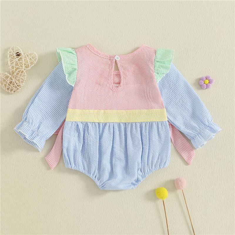 Baby Clothes Autumn Toddler Newborn Baby Girls Flying Sleeve Round Neck Letter Embroidery Romper Stripe Bow Jumpsuit
