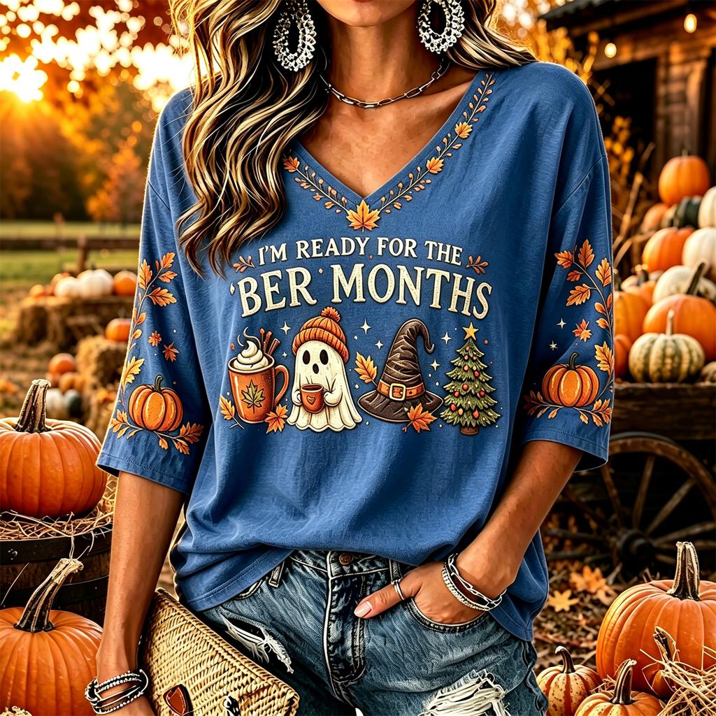 Women's Casual Thanksgiving Print V-Neck Pullover Top