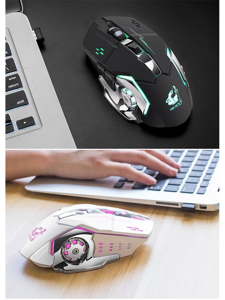 Mouse gratuit pentru jocuri cu LED-uri colorate de încărcare fără fir Wolf X8 pentru computer și notebook