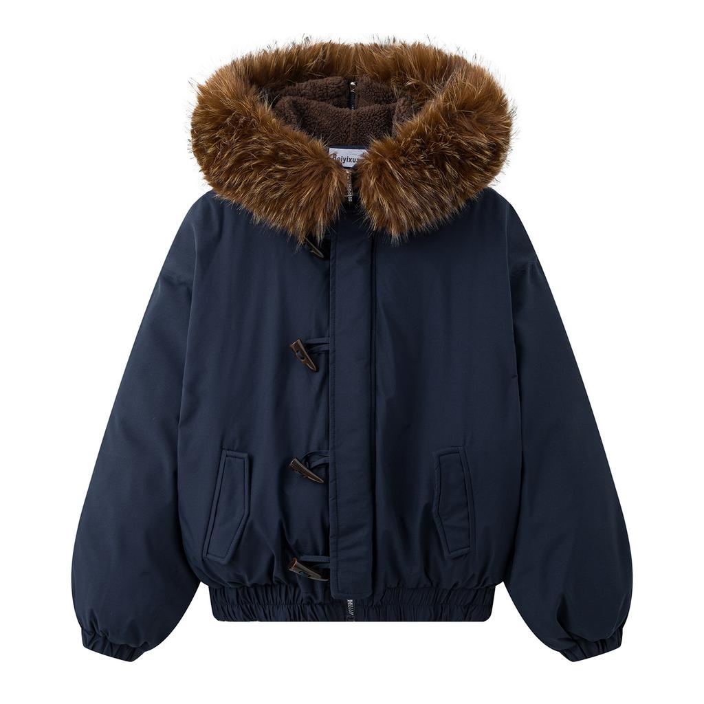 Damska nowa kurtka z kapturem z kołnierzem z futra, zapinana na guziki z rogu, zimowa, lekka, ocieplana, puszysta, ciepła, luźna, z wysokiej jakości tkaniny, casualowa, sportowa, bawełniana odzież