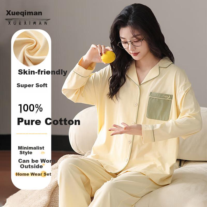 XUEXIMAN Women's Pajamas, 100% Pure Cotton, Comfortable Classic Lapel Cardigan Two-Piece Set, Casual Wearable Sleepwear Outfit