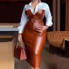 Abito Midi Elegante da Donna con Collo a Camicia, Manica Lunga, Bodycon, Vita Media, Blocco di Colore, Patchwork in PU, Cintura, Tasca, Abito a Tubino per Ufficio o Festa