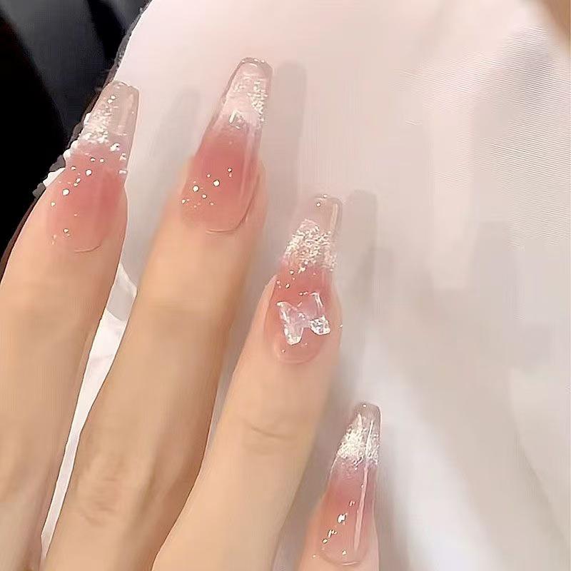 Handmade Medium-Long Ice Crystal Butterfly Cat Eye Nails for Brides or Pregnant Women