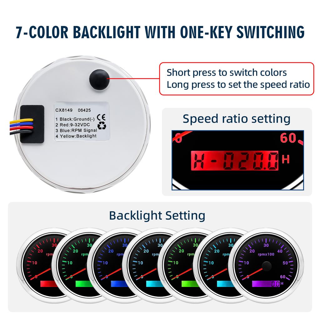 85mm Tachometer With LCD Hour Meter For Marine Boat Car 7 Colors LED Backlight Tacho Gauge 3000/4000/6000/7000/ 8000 RPM Meter