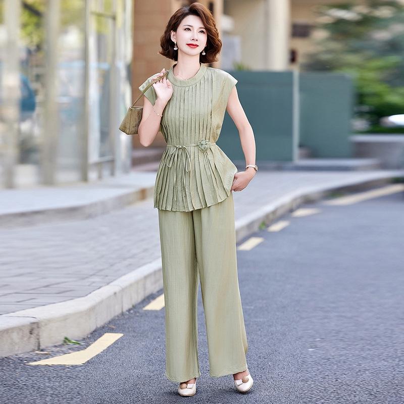 

Chic Chiffon Suit: Round Neck Top & Wide-Leg Pants for Women 2026 XL [up to 110 lbs]
