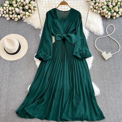 Women's Lantern Long Sleeved V-neck Loose A-line Pleated Elegant Dress Vestidos Korean Spring Autumn Dresses