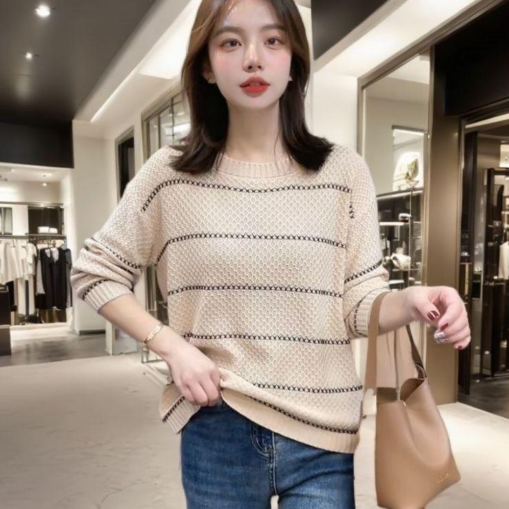 

Вязаный свитер из ледяного шелка с ажурным свободным тонким полосатым круглым вырезом, модель ранней весны с длинными рукавами L