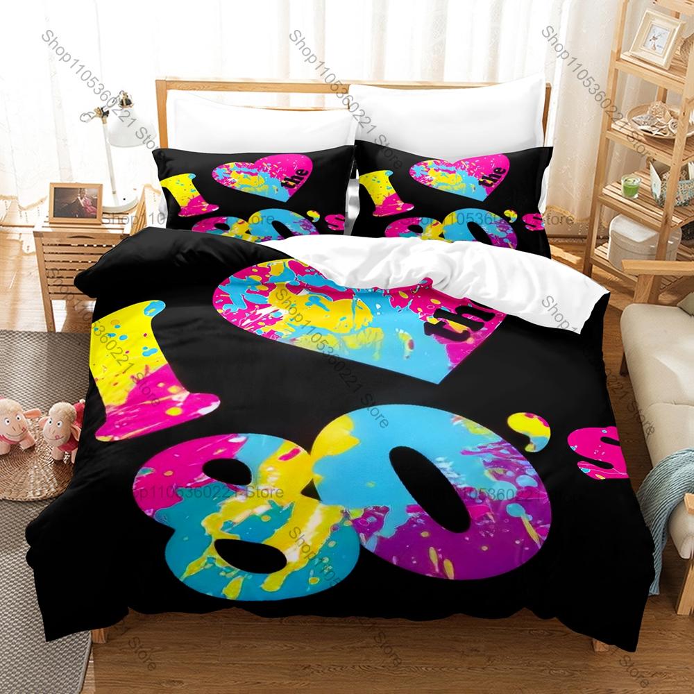 I Love The 80s Bedding Set Duvet Cover + 2 Pillowcases Retro 80s Neon Cassette Tape Pop Vintage Bedroom Decor