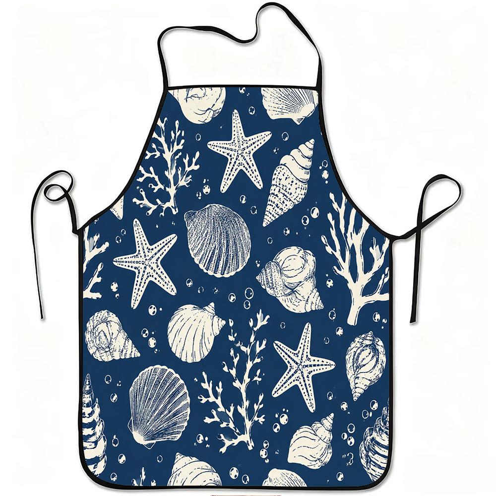 1pc Sea Shell Starfish Coral Ocean Style Print Apron, Durable and Easy to Clean, Adjustable Waistband, Polyester Material, for Kitchen Cooking, Garden