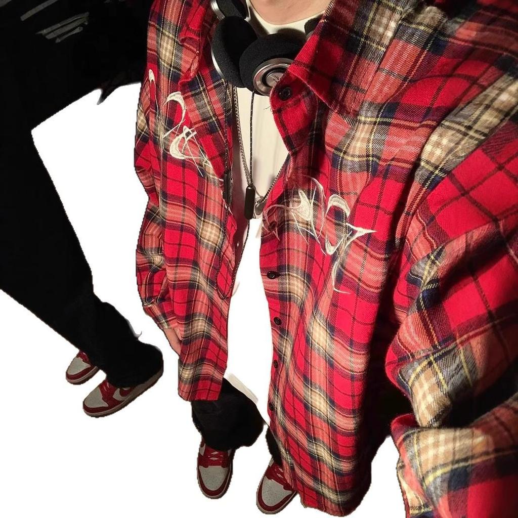 Men's Retro Embroidered Plaid Long Sleeve Summer Shirt
