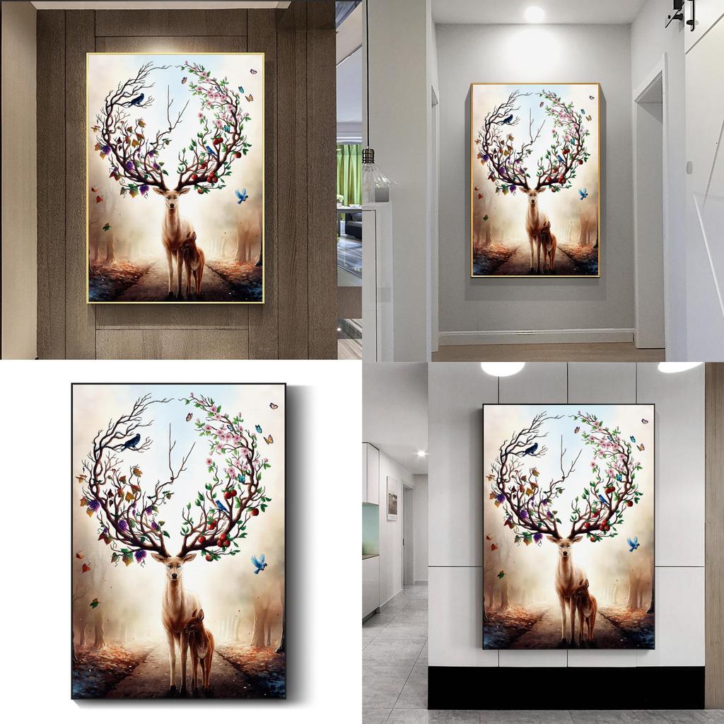 Modern Nordic Style Canvas Art With Deer And Tree Illustration For Living Room Decor