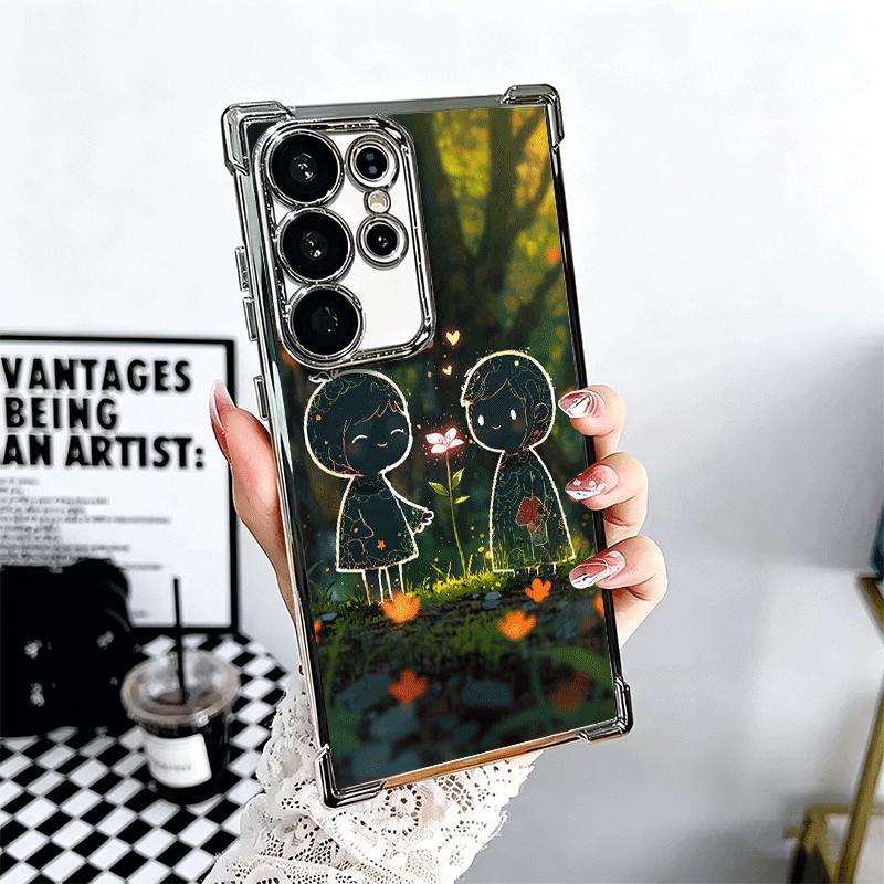 Nature Cute Child Painting Style Plating Phone Case For Samsung Galaxy S24 S25 FE S26 Edge S23 Ultra S22 S21 Plus S20 Anti-Fall