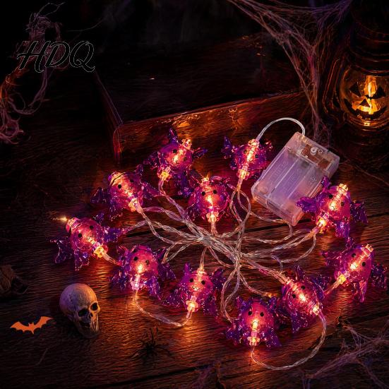 Halloween Spider String Lights 10/20FT Light Battery Powered Purple LED Large Spider/Bat Garland Spooky DIY Atmosphere Lamps 20/40 Bulbs Fairy Light