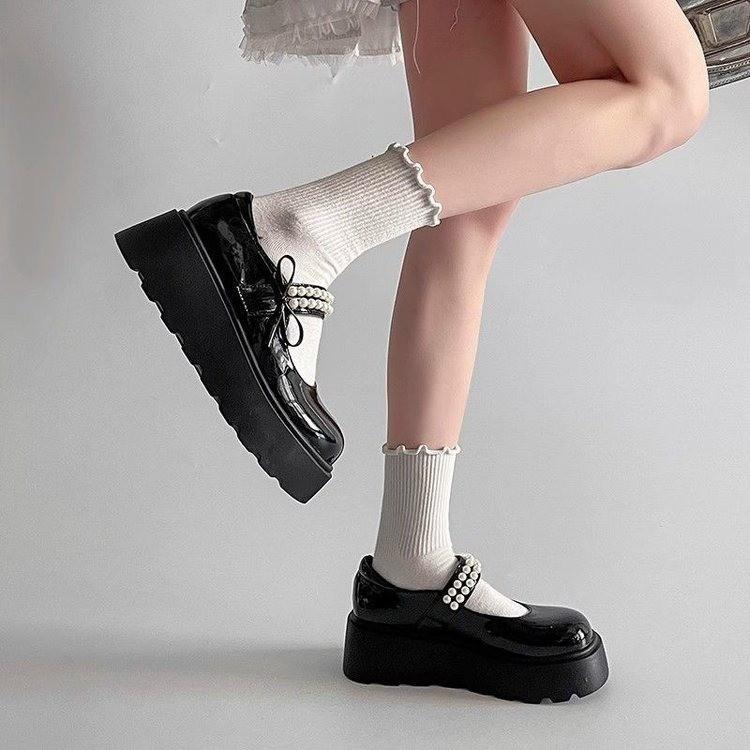 Retro Pearl Bow Mary Jane Shoes 2025 Autumn New Platform Single Shoes Japanese Jk One-pedal Small Leather Shoes