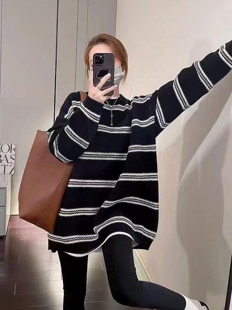 Women's Thickened Striped Wool Pullover: Hong Kong Style Loose Autumn/Winter Sweater