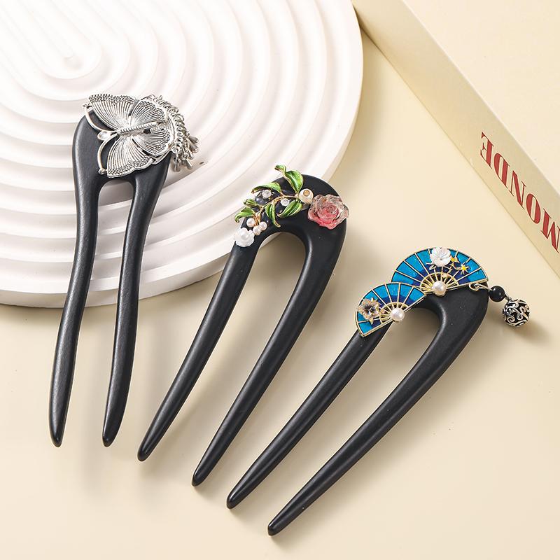 Wood Flowers U Shaped Hair Fork Wooden Hairpin Butterfly Hair Sticks Chinese Women Hairstyling Hair Accessories Headwear