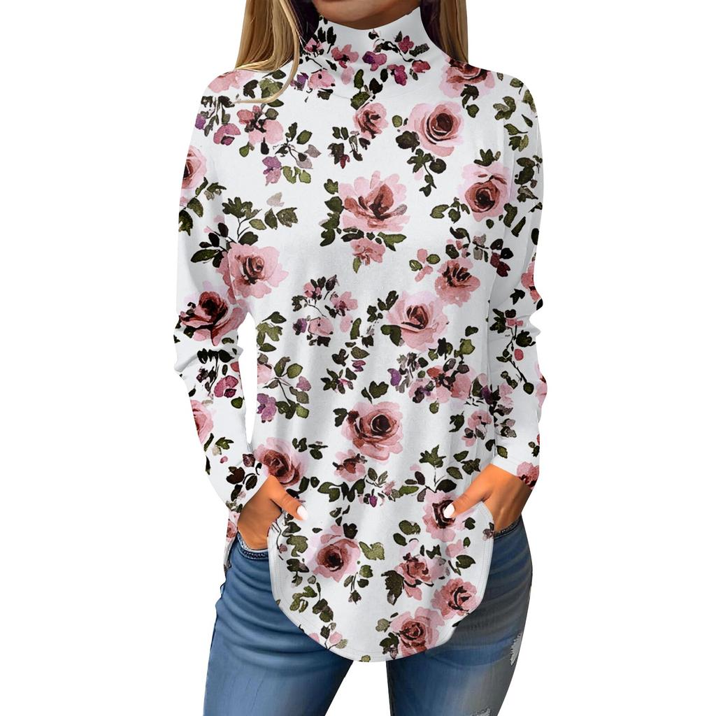 Tee Shirts For Women Fall Casual Long Sleeve Shirts Sweatshirt Vintage Printed High Neck Top Pullover