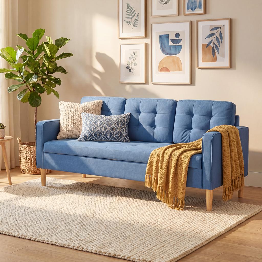 3 Seater Sofa, 169cm Couch with Hidden Storage, Wood Legs, Blue