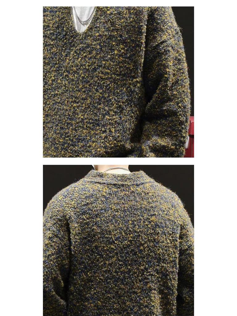 Retro Moss Green V-neck Loose Sweater for Men - Korean Style