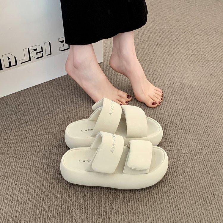 Thick-bottomed Heightening One-word Slippers for Women's 2025 Summer New Fashionable Outer Wear Non-slip and Shit-stepping Velcro Cool Slippers