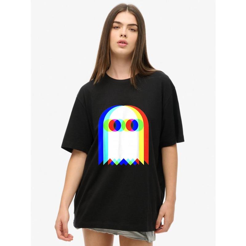 Oversize Women's Short-Sleeve T-Shirt with Rainbow Gradient Ghost (with Colorful Ring Eyes) Print