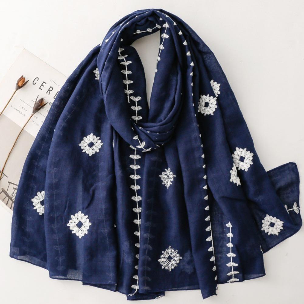 Bohemian Printed Silk Scarf Large Print Scarves Simple Embroidery Flower Scarf Female темно-синий