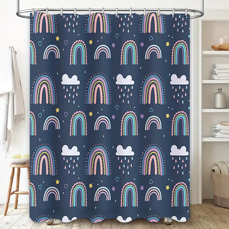 Rainbow Shower Curtain Waterproof Home Decor Bathroom Decorative Fabric Polyester Print Shower Panels for Kids Bathing Room Blue