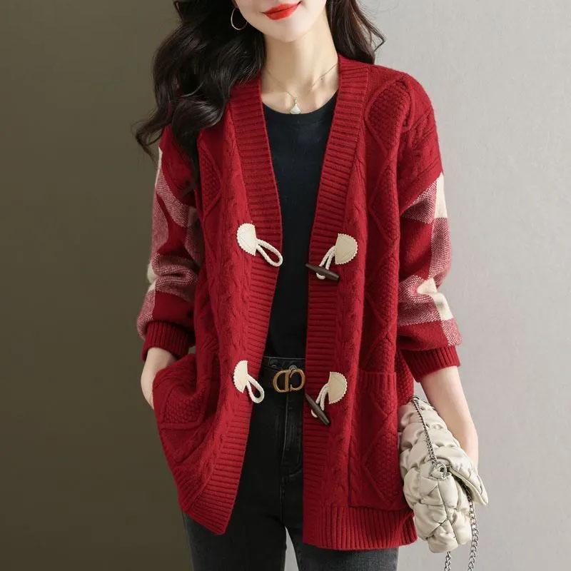 

Шерстяные свитера Пальто Кардиган для женщин Осень Зима Большой размер Винтажный Свободный Длинный рукав Вязаные свитера Пальто XXXL красный