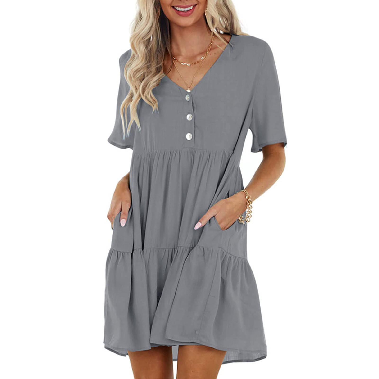 Женское летнее однотонное платье с v-образным вырезом и пуговицами — фото 8