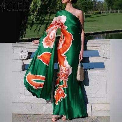 Women's Fashion Summer Spring Flower Pattern Print Long Sleeve Oblique Collar High Waist Casual Dresses
