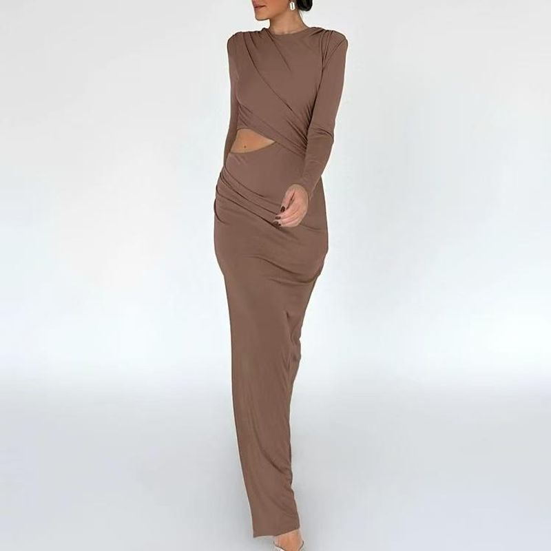 

Fashion Wind New Arrival Sexy Hollow Long-Sleeved Silm Dress round Neck Slit Hollow Dress Brown L