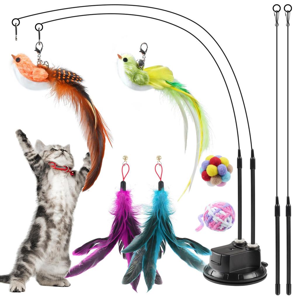 ROSAUI Cat Toy Set with Suction Cup Interactive Bird Feather and Yarn Ball For Indoor Play and Exercise for Cats and Kittens 11-Piece Base, & Toy, –