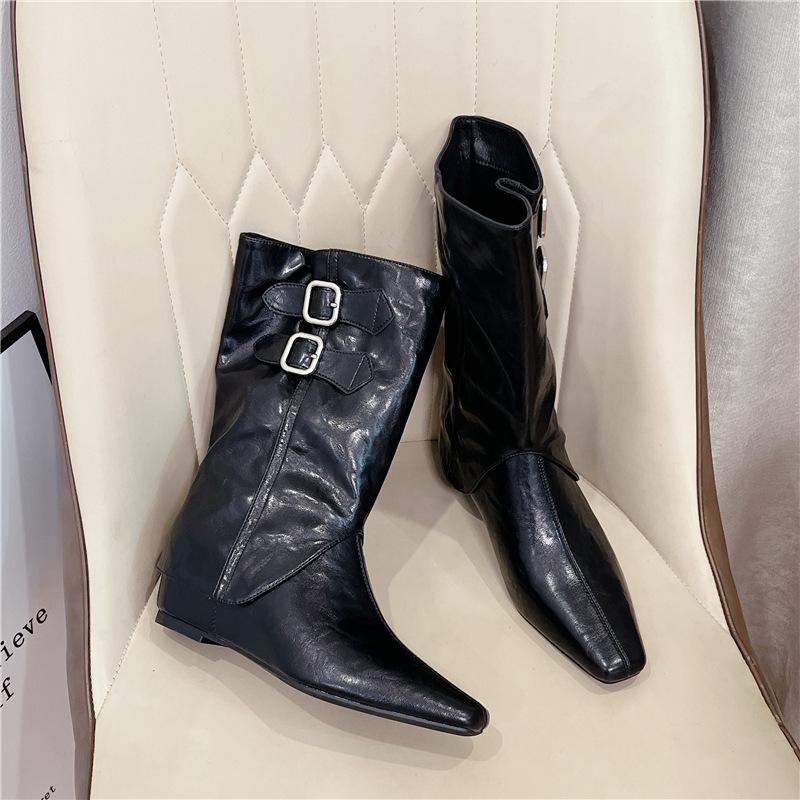 Cowhide Pointed Thick-soled Wedge Heel Removable Western Boots for Women 2025 Autumn and Winter New Pointed Women's Fashion Boots for Women
