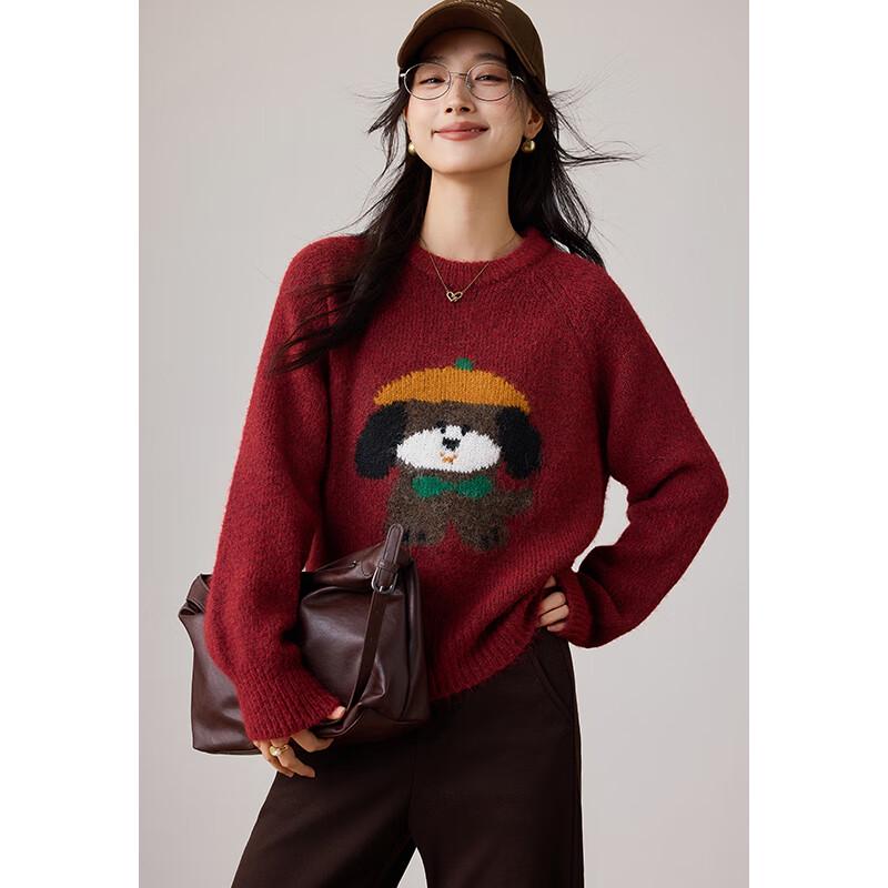 VICTORIA&VERA Women's Hooded Puppy Jacquard Knit Sweater