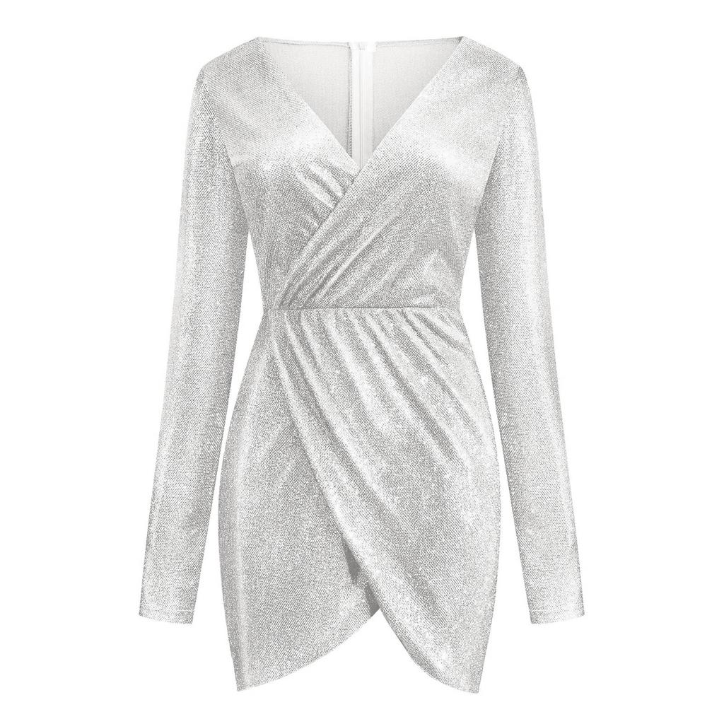 Módní dámské šaty s horkou ražbou, dlouhý rukáv, výstřih do V, sexy