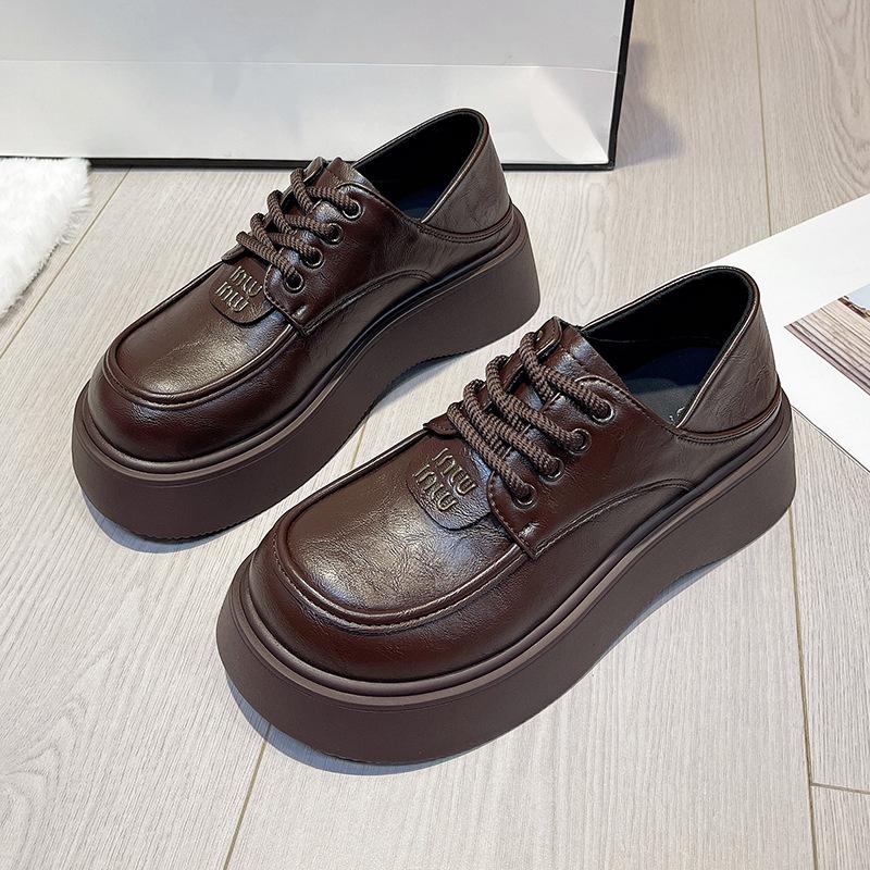 Black Loafers Women's 2025 New Retro Versatile Platform Small Leather Shoes Commuting Lace-up Deep Mouth Single Shoes