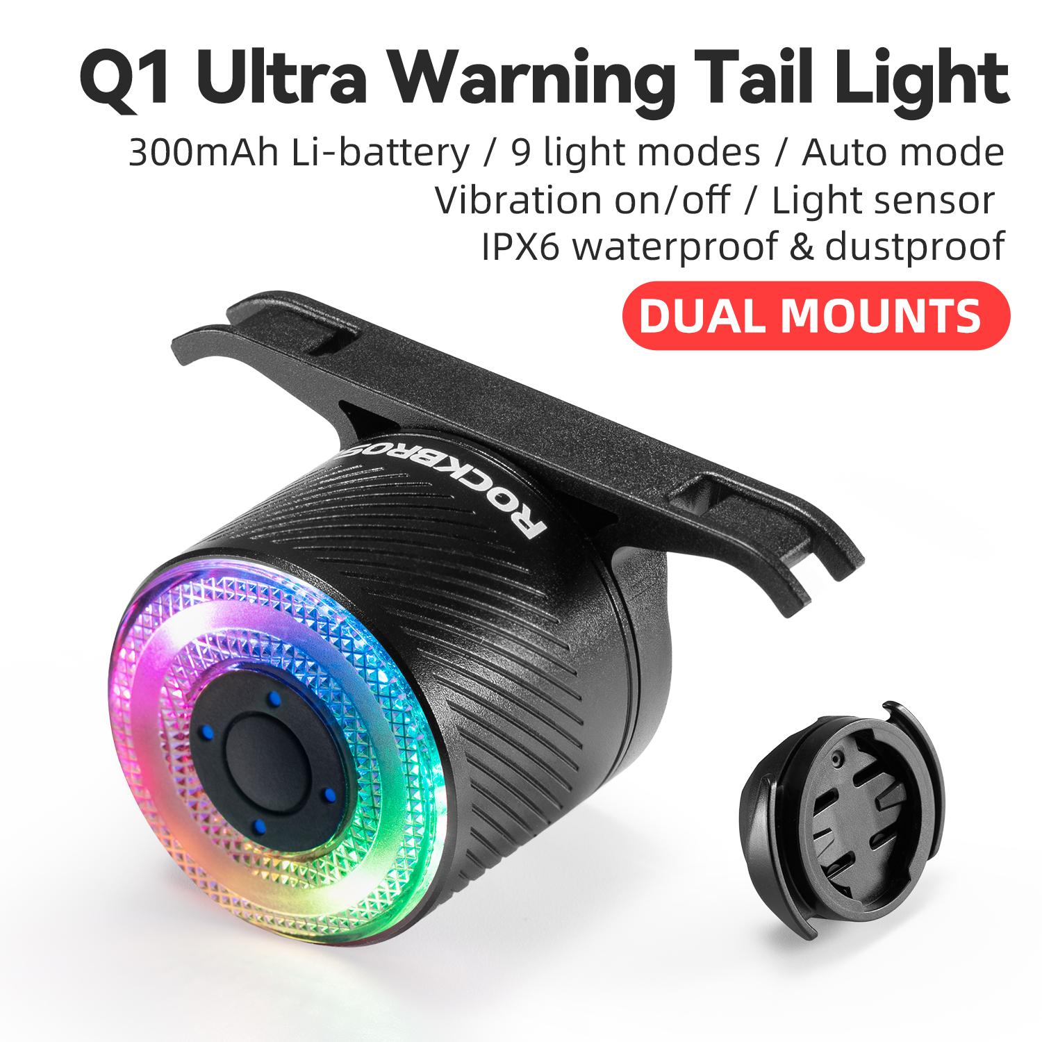 ROCKBROS Bike Tail Light Waterproof Brake Sensing Bike Rear Light 300mAh Battery Type-C Rechargeable Cycling Safte Tail Light