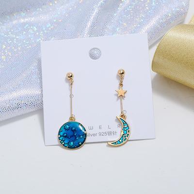 Nischendesign blaue Sternenhimmel-Serie einfache Ohrstecker, weibliche Mond-Stern-Temperament vielseitige Ohrringe lange Ohrringe