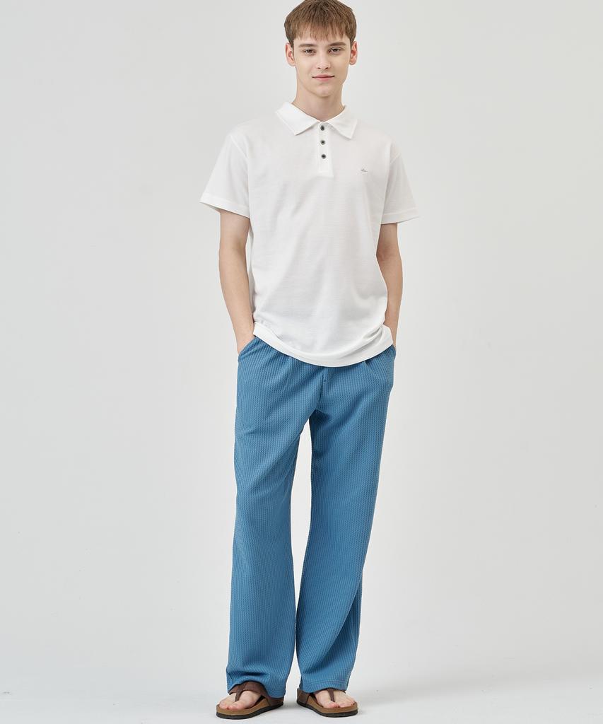 THE-ABON Pin Pattern Stretch Wide Elastic Waist Pants Blue