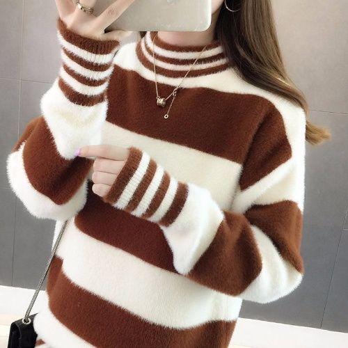 Autumn and Winter Imitation Mink Semi-turtleneck Velvet Thickened Warm Pullover Sweater Women's Loose Striped Bottoming Shirt