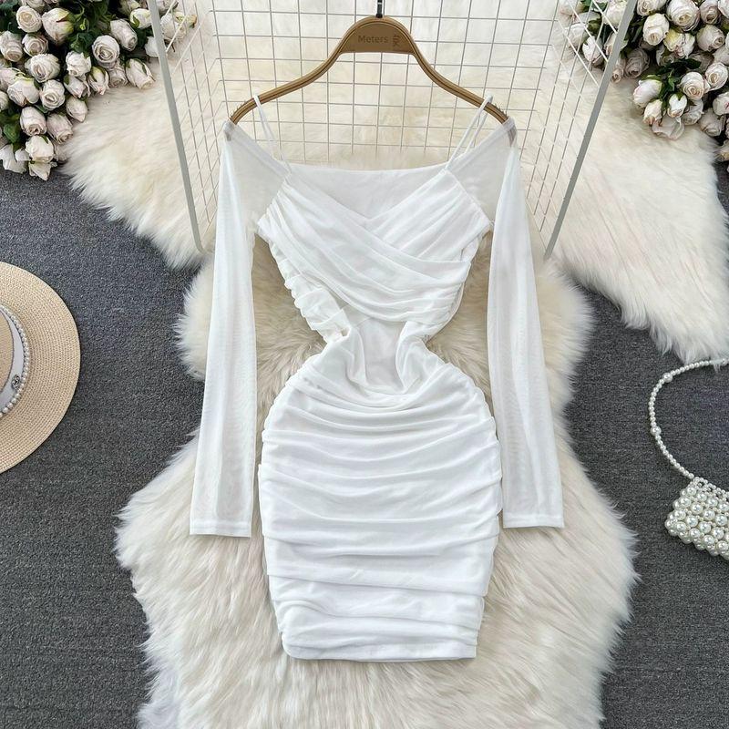 

Ruched Sexy Long Sleeves off-the-Shoulder Strap Dress Mesh White XL