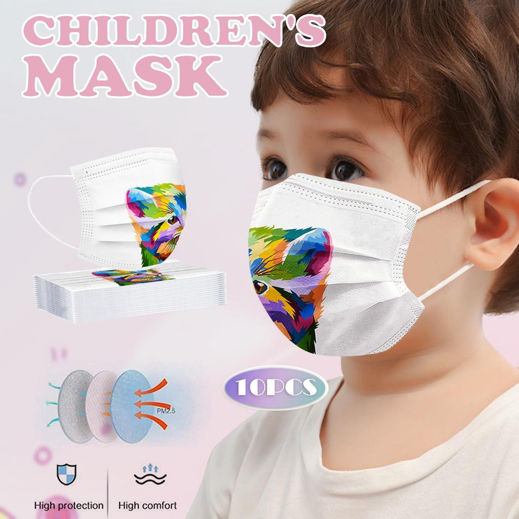 10pcs Children's Mask Disposable 3 Ply Safety Face Masks, Dust-Mask With Stretchable Earloops