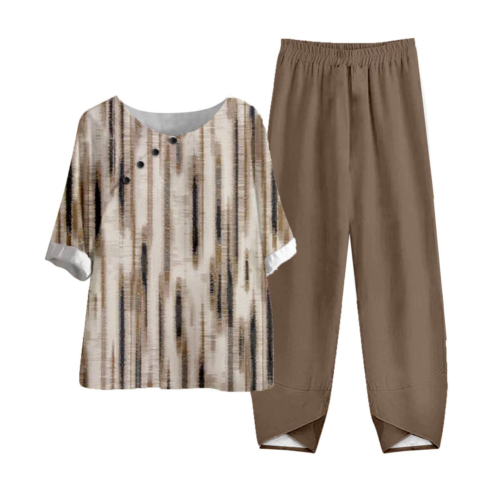 

Женские летние топы с короткими рукавами и принтом, эластичная талия, брюки из девяти предметов, комплект из двух предметов XL