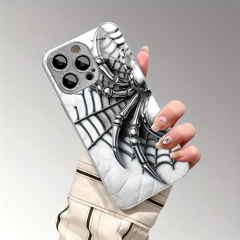 Fashion Cool Spider Pattern Tempered Glass Electroplated Silver Phone Case For Samsung Galaxy S25 S24 S23 Ultra Plus FE Cover