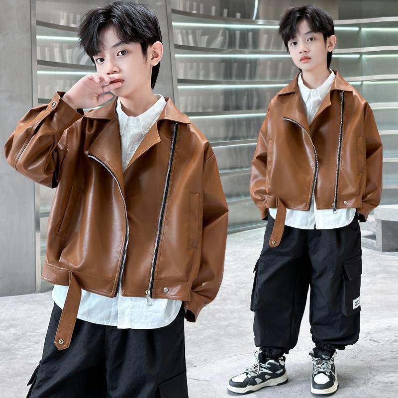 Children's Clothing, Boys' Spring Clothing, Leather Jacket, 2026 New Spring and Autumn Style Jacket, Mid Size Boys' Spring Clothing Trend