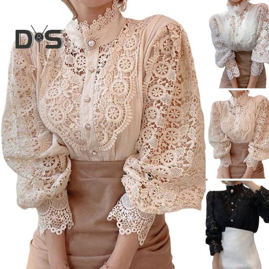 Kadın Gömlek Stand Yaka Fener Uzun Kollu Tek Sıra Gömlek Üstleri İçi Boş Nakış Dantel Düz Renk Üstler