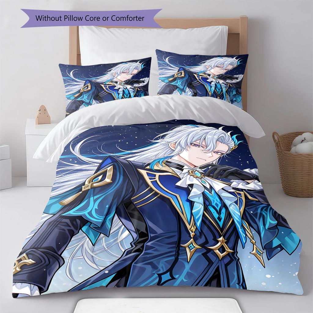 Ropa de Cama con Patrón de Genshin, Juego de Colcha Funda de Colcha Funda de Almohada Regalo de Cumpleaños para el Hogar (1 * funda nórdica + 2 * fundas de almohada, sin núcleo)